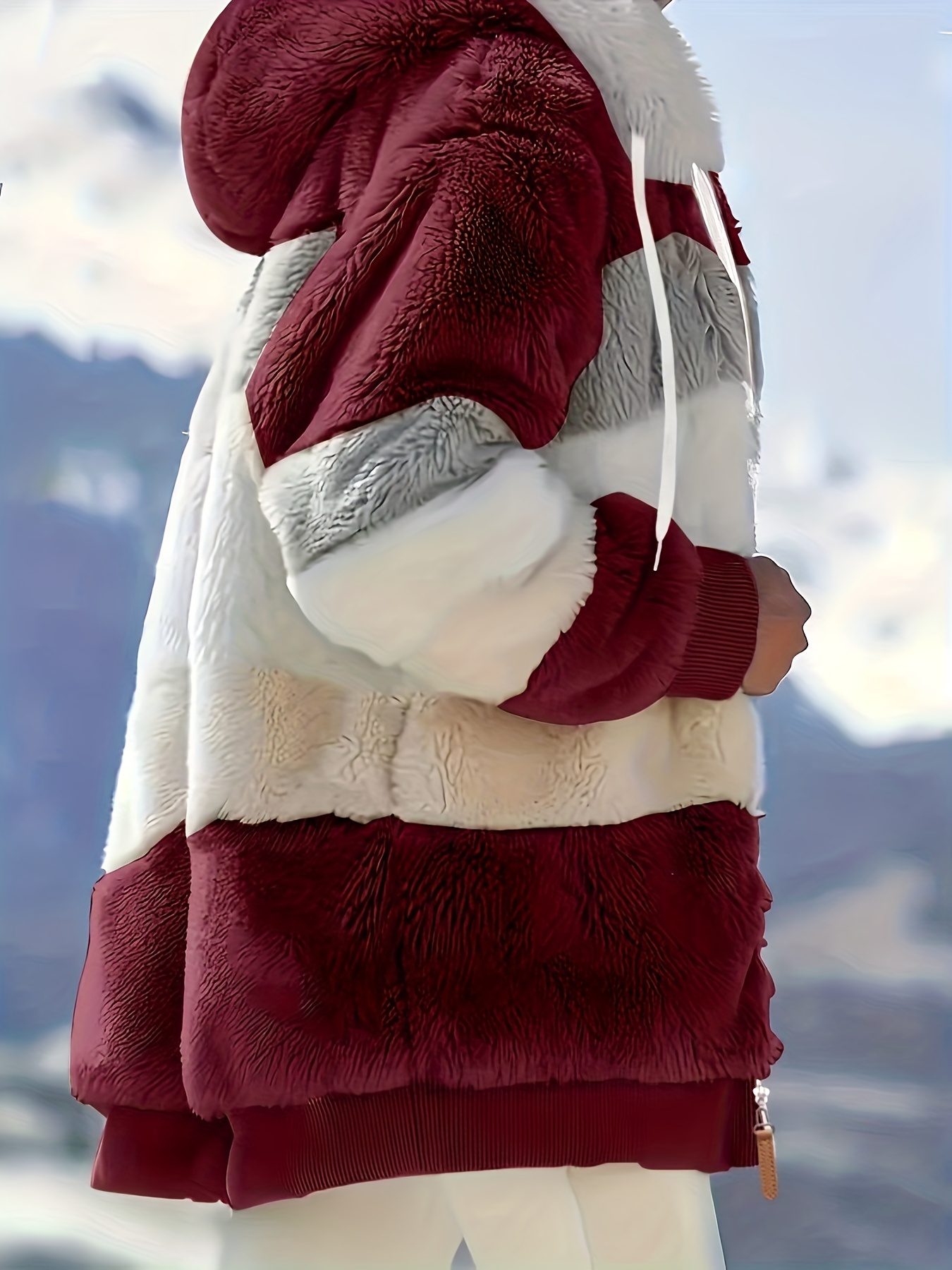 color block hooded teddy coat casual zip up long sleeve winter warm outerwear womens clothing details 17